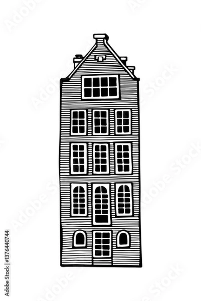 Fototapeta Amsterdam old house. Landmark of the Netherlands. Hand-drawn facades of old buildings collection. Black and white vector illustration.