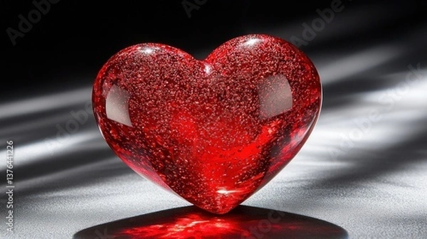Fototapeta A glistening red glass heart sits on a surface, illuminated by dramatic lighting.  Its surface is textured with tiny bubbles