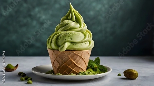 Fototapeta Delicious Matcha Green Tea Soft Serve Ice Cream in Waffle Cup