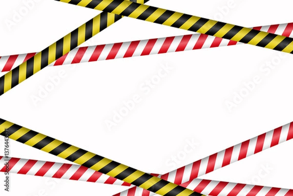 Fototapeta Caution warning. Yellow plastic bands with black lettering. Risk, danger. Fencing a dangerous place. Pandemic, epidemics, standing objects, bad road, crime scene.