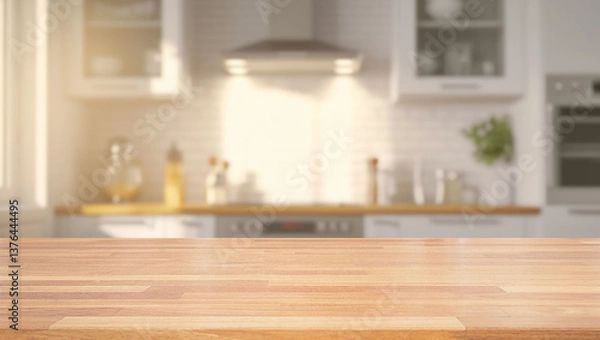 Fototapeta Beautiful empty brown wooden table top and blurred defocused modern kitchen interior background with daylight flare, product montage display