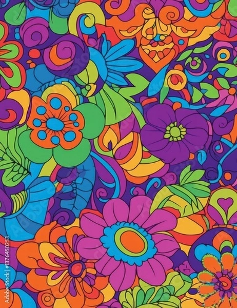 Obraz Floral Fantasy: A vibrant tapestry of psychedelic floral patterns explodes with color, swirling together in a kaleidoscope of artistic expression.