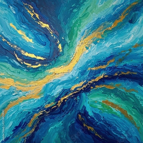 Obraz 4K HD High-Quality Swirling Gold & Green Wallpaper Background | Abstract Hand-Painted Fluid Art