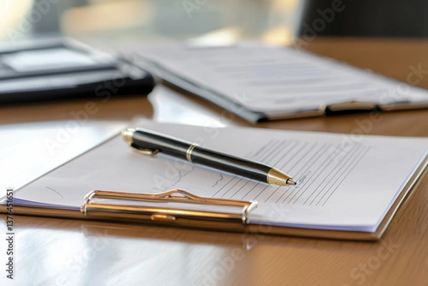 Fototapeta Close up of clipboard with pen and medical charts on table, conveying professionalism and organization
