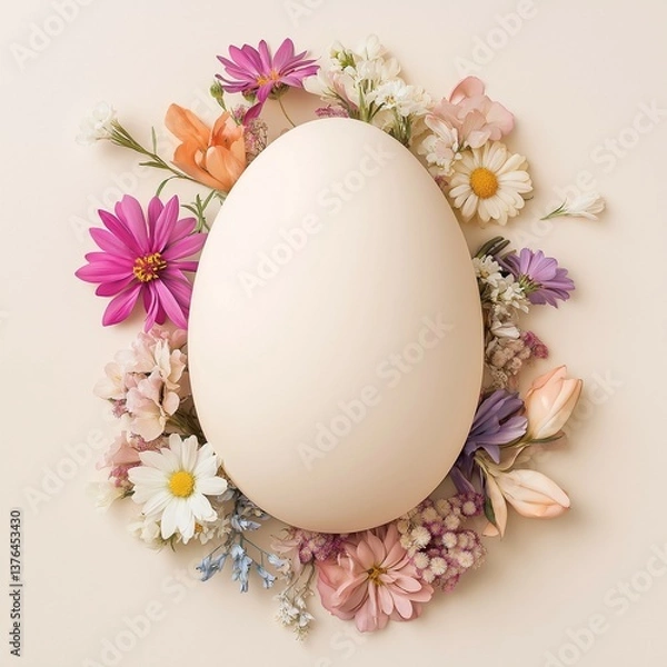 Fototapeta Elegant flower arrangement with a white egg in the middle. Easter celebration concept with copy space.