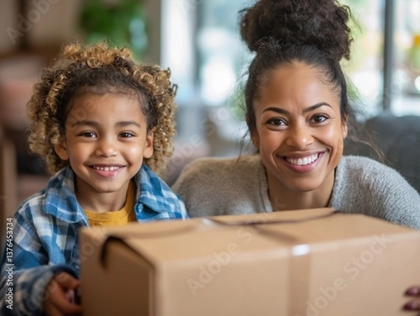 Obraz Joyful Mother and Child Unboxing Smiling Present at Home - Happy Family Bonding with Curly Hair and Brown Skin
