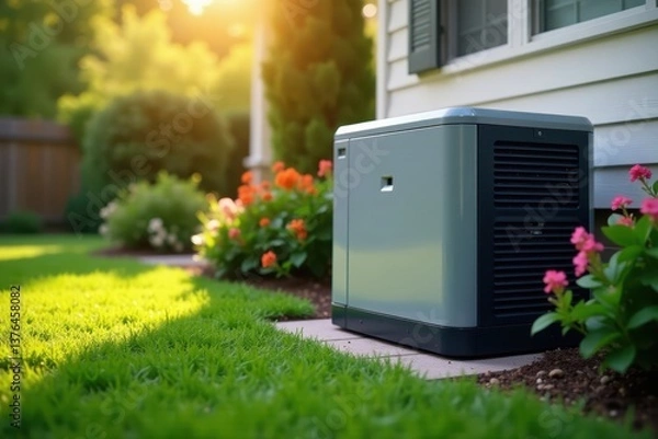 Fototapeta Neatly installed backyard residential generator, ensuring home safety , wiring, security, peace of mind