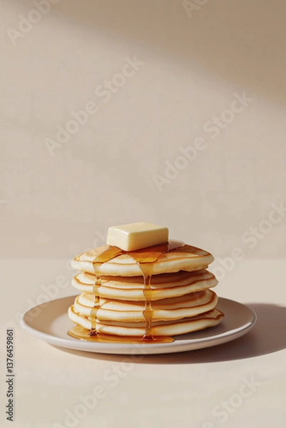 Fototapeta Stack of pancakes with butter and syrup on a plate against a neutral backdrop, breakfast delight.
