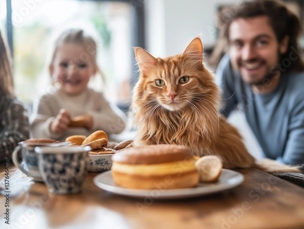 Obraz Cozy Morning Indulgence: Smiling Child Sharing Sweet Donuts with Furry Pet Cat at Family Breakfast Table