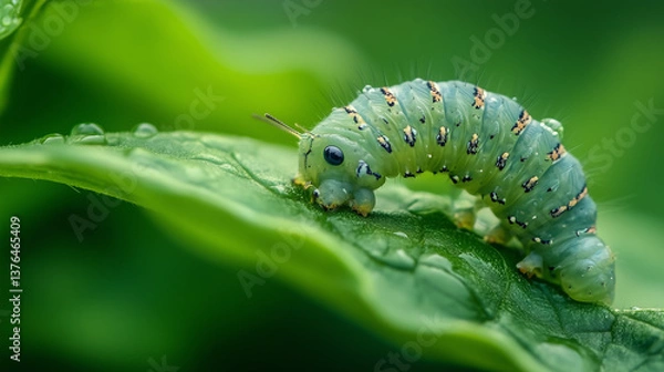 Fototapeta Green caterpillar crawling on leaf in natural macro close-up