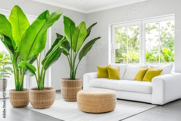 Fototapeta A modern living room with floor-to-ceiling windows, lush indoor plants, and a natural wood accent wall