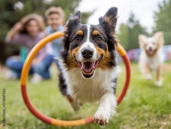 Obraz Dog Agility Training and Exercise: Happy Collie Enjoying a Colorful Hoop in Action Outdoors
