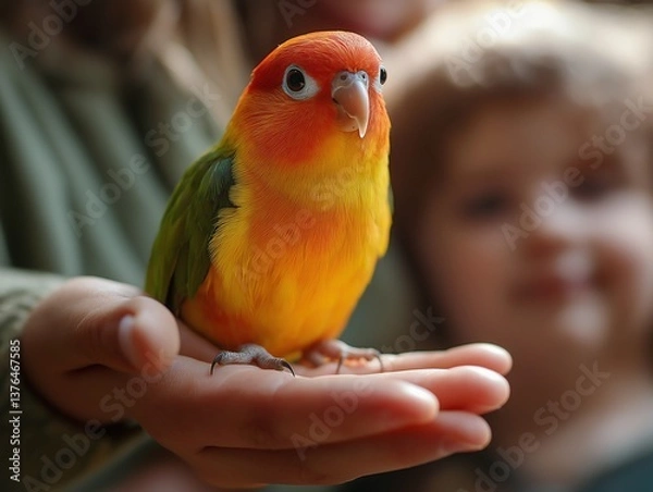 Obraz Colorful Parrot on Hand: A Vibrant Close-Up of Pet and Wildlife Interaction