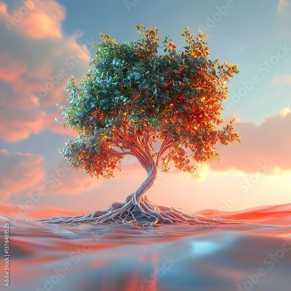 Fototapeta  A symbolic Tree of Life standing alone in a vast desert, its roots deep and branches reaching for the sky, representing resilience and hope