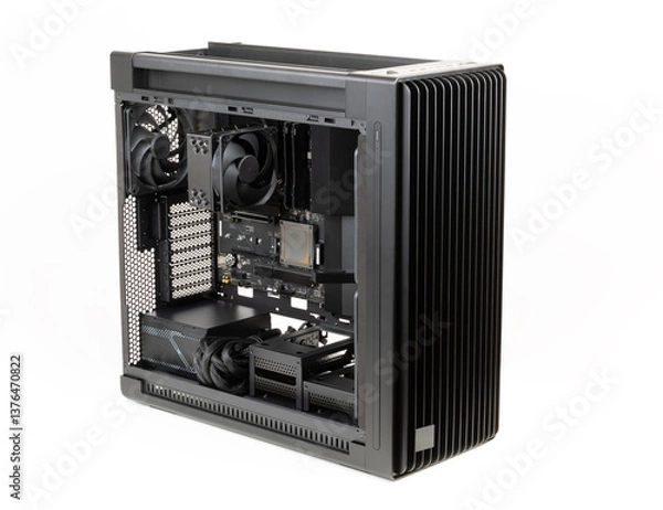 Fototapeta Side view  big tower, PC case, chassis,  inside motherboard, CPU, fan, SSD, memory, power supply unit with cables