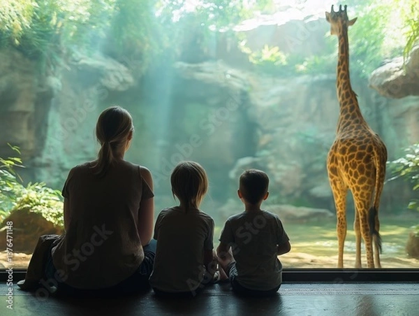 Obraz Interactive Family Adventure: Children and Giraffes in Zoos for Education and Nature Exploration