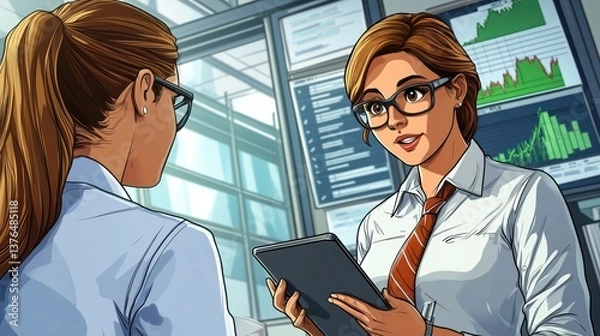 Fototapeta A female business consultant discusses with a client, holding a report and taking notes on a tablet in a sleek, minimalistic office.
