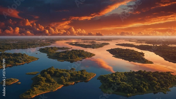 Fototapeta Aerial view of serene rivers and islands during sunset  