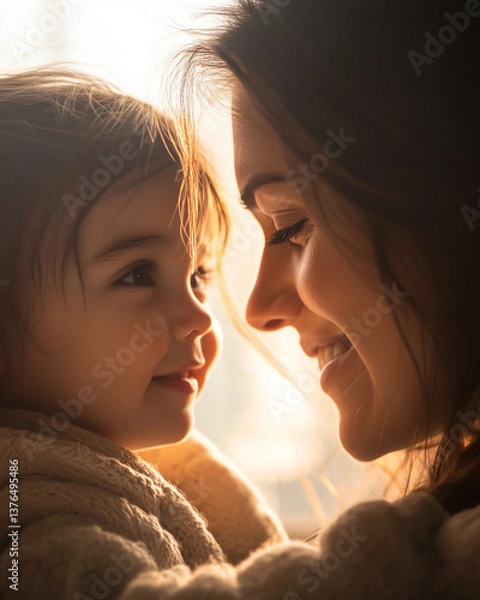 Fototapeta Smiling mother and child sharing tender moment in warm light