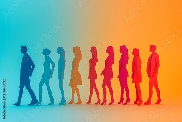 Fototapeta Colorful Paper People Walking Forward Teamwork1