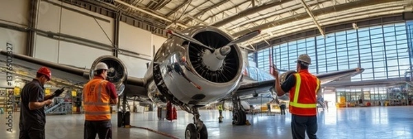 Fototapeta Aircraft maintenance technicians check plane engine components in a large hangar with tools and safety gear Generative AI