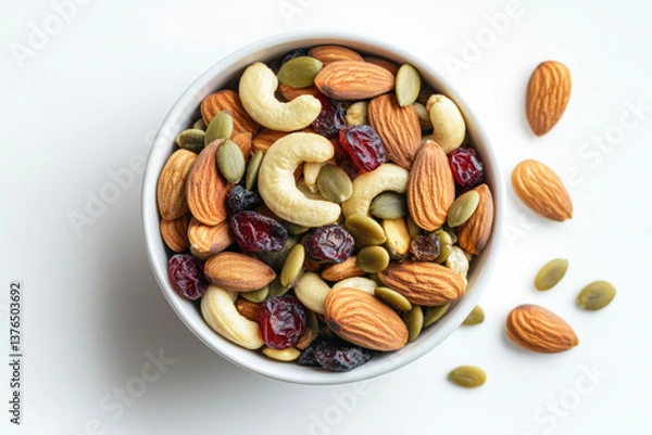 Obraz a bowl of trail mix contining almonds, cashews, indian rasins, dried cranberry and pumpkin seeds against a white background