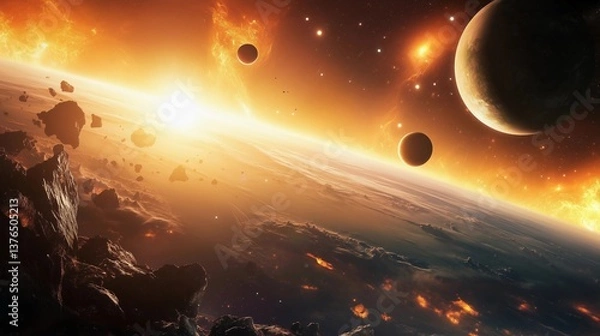 Obraz A beautiful space scene with a sun setting in the background and a planet in the foreground. The sun is casting a warm glow over the planet, creating a serene and peaceful atmosphere