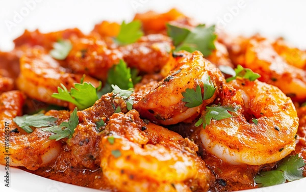 Fototapeta Focused close-up of Prawn Masala showcasing spices and details.