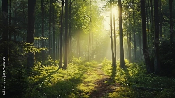 Fototapeta A forest path is illuminated by the sun, creating a peaceful and serene atmosphere. The sunlight filters through the trees, casting a warm glow on the grass and leaves