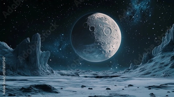 Obraz A large moon is in the sky above a desolate landscape. The scene is dark and quiet, with only the moon and the stars visible. Scene is one of loneliness and isolation