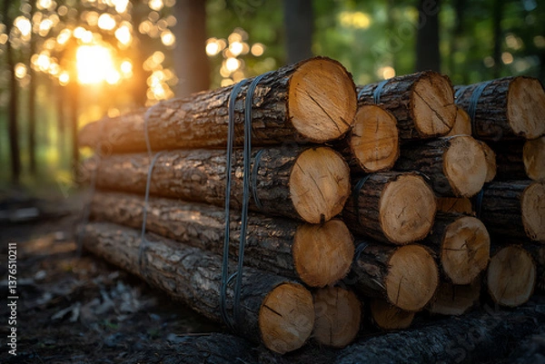 Obraz a focus on a single stack of rough-hewn timber,