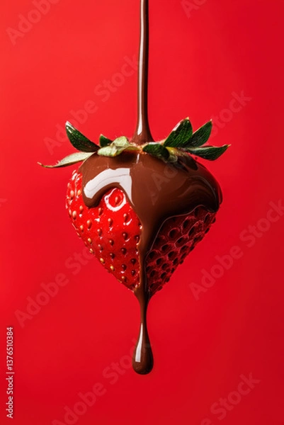 Fototapeta A strawberry being covered in chocolate, dripping down on a red background. This is a product photography image in an advertising style