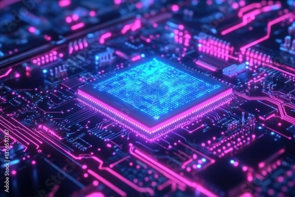 Fototapeta Illuminated Circuitry: A close-up, futuristic view of a computer circuit board, glowing with neon light and intricate designs, symbolizing the advanced technology.