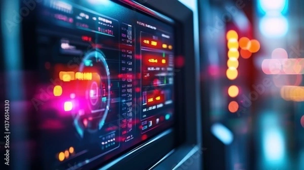 Fototapeta High-tech cybersecurity digital data visualization in server room infographic