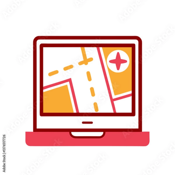 Fototapeta GPS navigation and map interface icons in flat red and yellow style, AI Generation