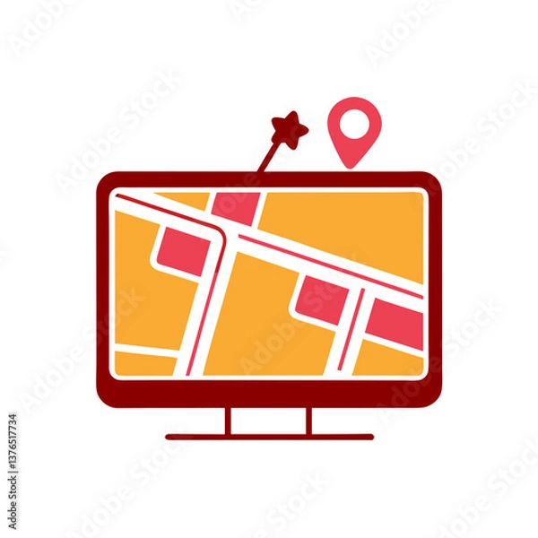 Fototapeta GPS navigation and map interface icons in flat red and yellow style, AI Generation
