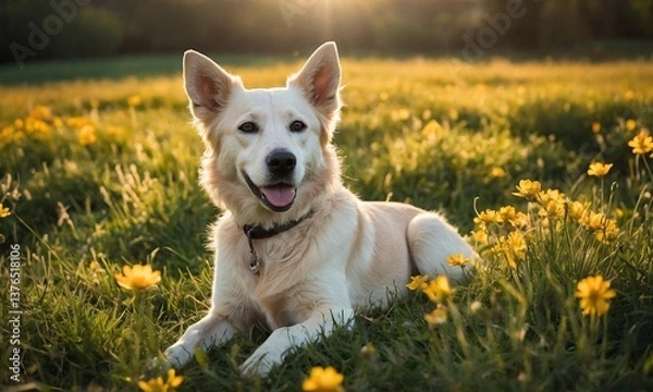 Obraz healthy dog, with a shiny coat and radiant skin, sits comfortably in a lush green meadow, surrounded by subtle hints of blooming flowers, conveying a sense of well-being and digestive harmony. 