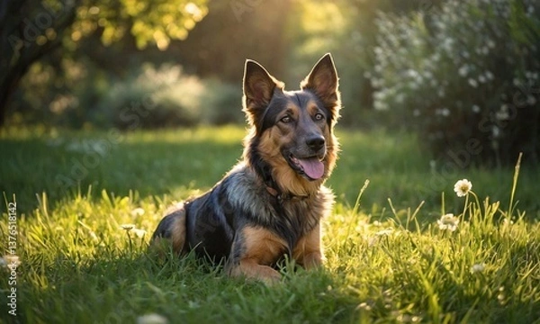 Obraz healthy dog, with a shiny coat and radiant skin, sits comfortably in a lush green meadow, surrounded by subtle hints of blooming flowers, conveying a sense of well-being and digestive harmony. 