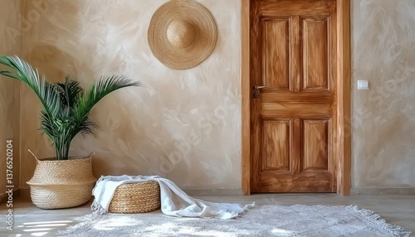 Fototapeta Discover inspiring Boho style home entry design ideas, complete with vibrant indoor plant decor and a soothing warm beige wall palette Explore creative entryways featuring natural textures and