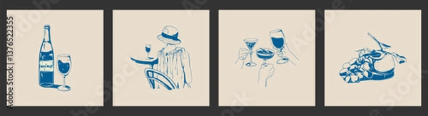 Obraz Vector illustration of food and drinks, hand-drawn in ink. Sketch of a girl in a hat at a cafe table, bottle and glasses of wine, fruits. For menus, backgrounds, prints, postcards, posters.