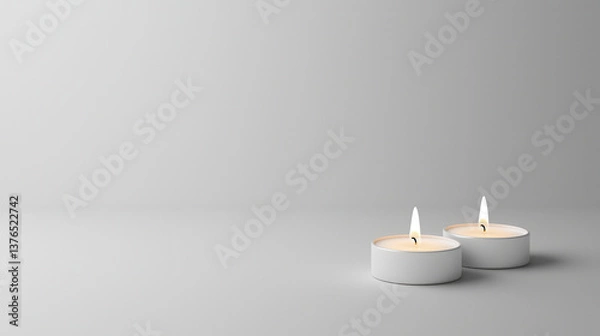 Fototapeta Minimalist mockup of two lit scented candles on white surface, evoking calmness