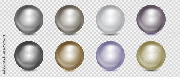 Fototapeta Realistic colored 3d balls set, Metallic gray and golden pearl spheres with shining highlights and shadows on transparent background, Vector illustration.