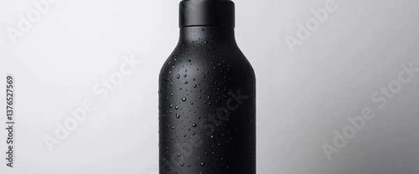 Fototapeta A stylish black matte water bottle with a sleek silhouette stands against a clean white background. Water droplets enhance its texture, illuminated by soft studio lighting to highlight its curves