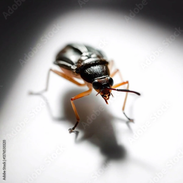 Fototapeta A tiny insect, extreme close-up, intense dramatic lighting, high contrast, small details, isolated on white, stark shadows.jpg