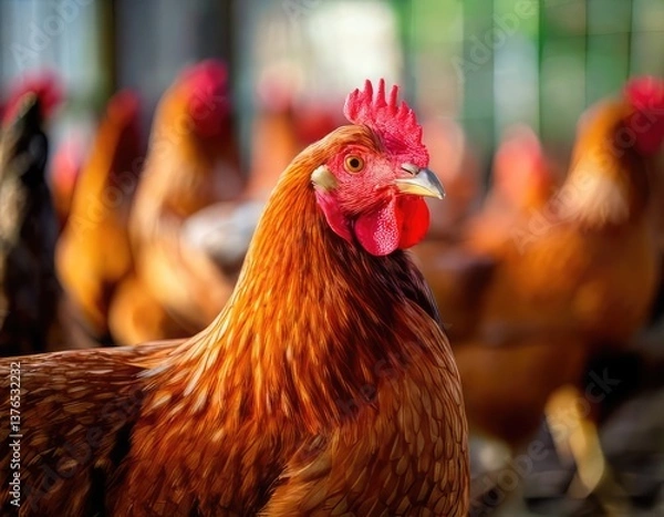 Fototapeta Close-up of a chicken on a poultry farm, with blurred chickens in the background. Generated with AI