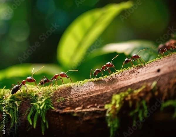 Fototapeta Ants marching with leaves in a macro shot. Generated with AI