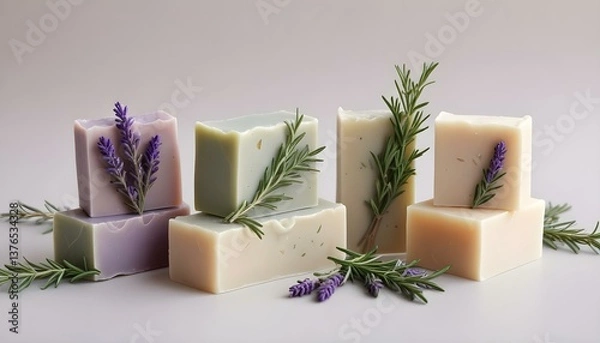 Fototapeta Four round bars of soap are arranged in a row against a white background, each adorned with different botanical elements