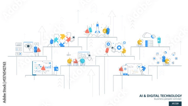 Fototapeta AI Digital Technology. Robot, automation process, machine line icons, and people characters. Business infographic development. Vector teamwork concept illustration. Tech journey and growth. Startup