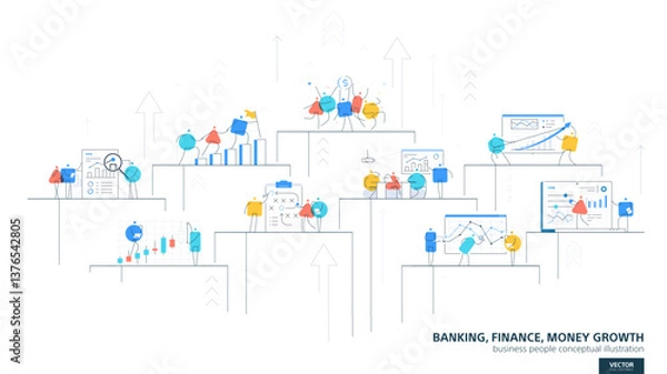 Fototapeta Finance, bank, stock investment. Money, trade, graph chart, line icons, and people characters. Business people infographic. Vector teamwork concept, flat illustration. Stock market journey and growth.