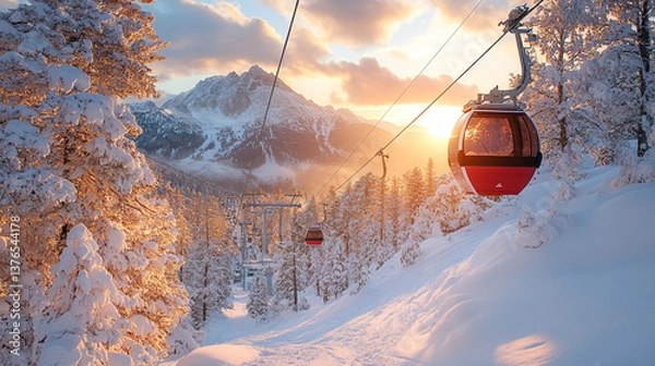 Fototapeta A ski lift with a red cab is in the snow